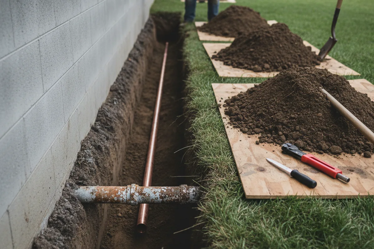 Excavated water line trench during Water Softener Installation in Lakeview